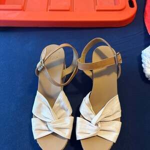 UGG Joslyn Cream Leather and Canvas Cork Wedge Sandals 1102869